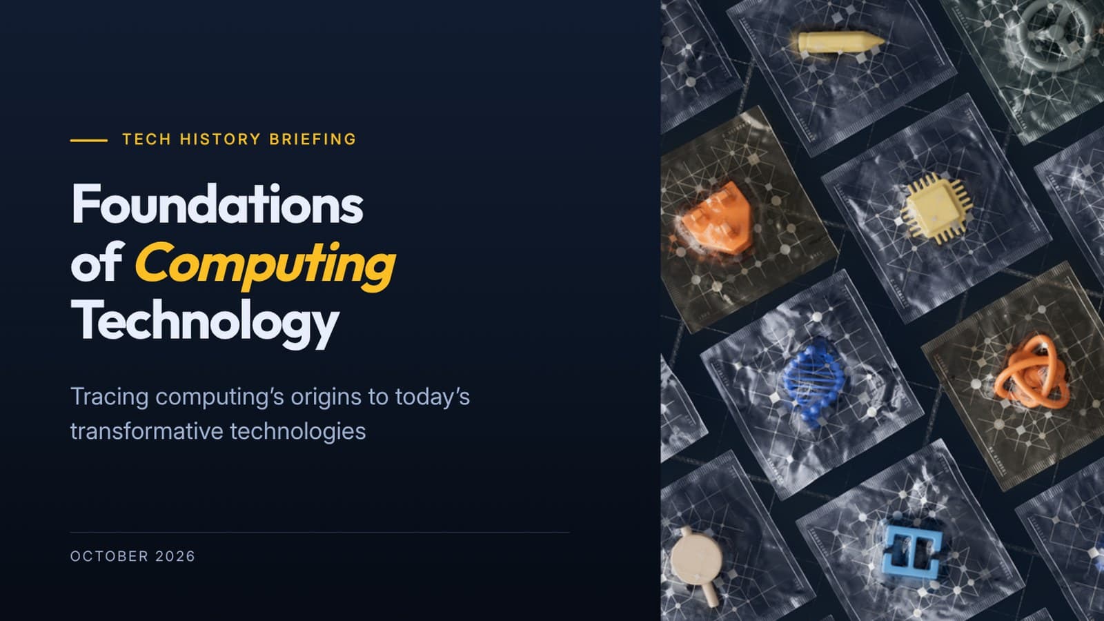 Dark split cover slide about the foundations of computing