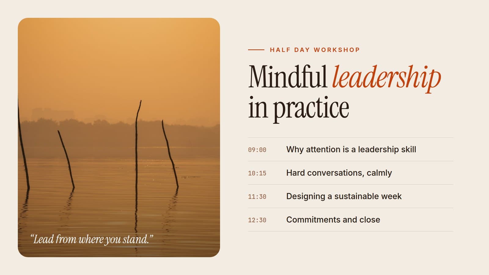 Leadership workshop slide with a clean headline